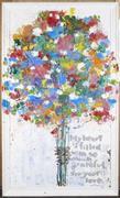 【「感謝」２０１３年】木梨憲武（のりたけ）さんの作品は生命力あふれる木々や花をモチーフにしたものが多い。ブーケの花がキャンバスをはみ出し、壁にまで広がる（提供写真）。（Ｃ）ＮＯＲＩＴＡＫＥ＿ＫＩＮＡＳＨＩ