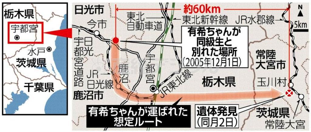 【栃木小１女児殺害】吉田有希（ゆき）ちゃん＝当時（７）＝が運ばれた想定ルート＝２００５年１２月１、２日