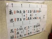 黒文字は落語家、朱文字は色ものさん…と、出番を手書きした楽屋張り。寄席って盛りだくさんでしょう？（柳家花緑さん撮影）
