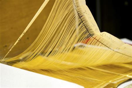 ０．０３ミリという細さに裁断された「引箔」の糸。その繊細さが魅力だ＝２０１２年２月１４日、京都市（中島光行さん撮影）