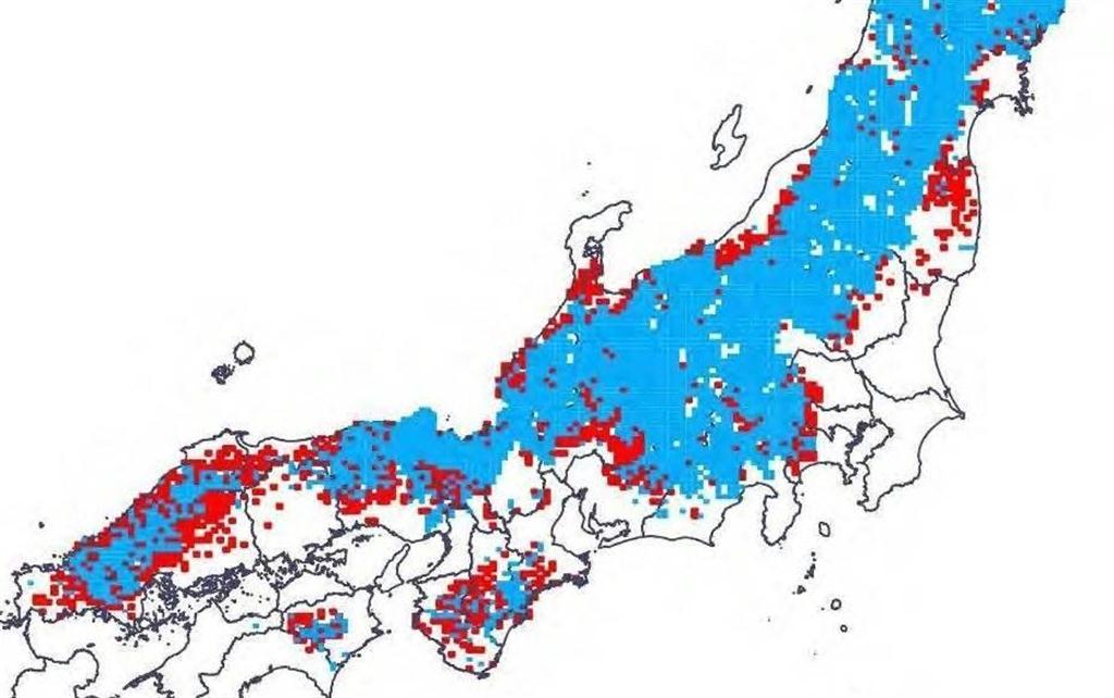 クマの分布域。赤い部分が平成１５年度以降に拡大した箇所（日本クマネットワーク提供）