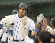 本塁打を放ち、チームメートに迎えられる西武のエルネスト・メヒア選手＝２０１４年５月、埼玉県所沢市・西武ドーム（共同）