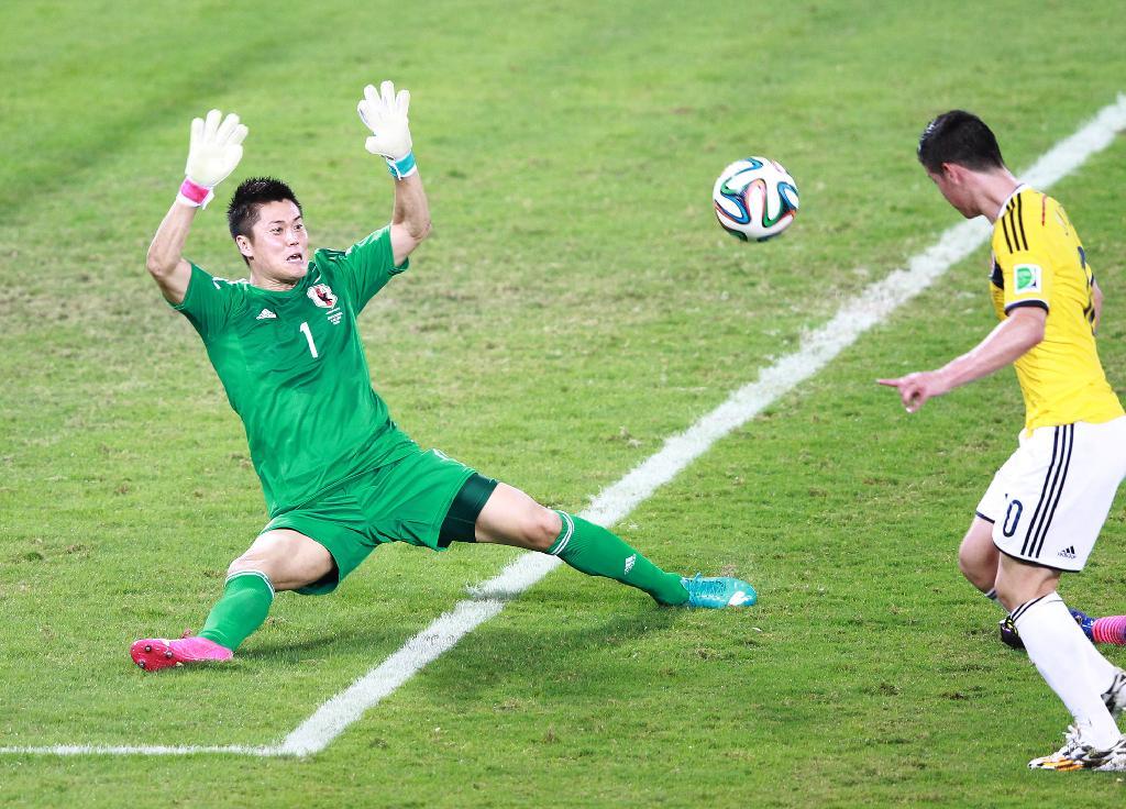 後半、コロンビア代表のゴールで１－４。川島永嗣セーブできず＝現地時間２４日、ブラジル・クイアバ（撮影・山田喜貴）