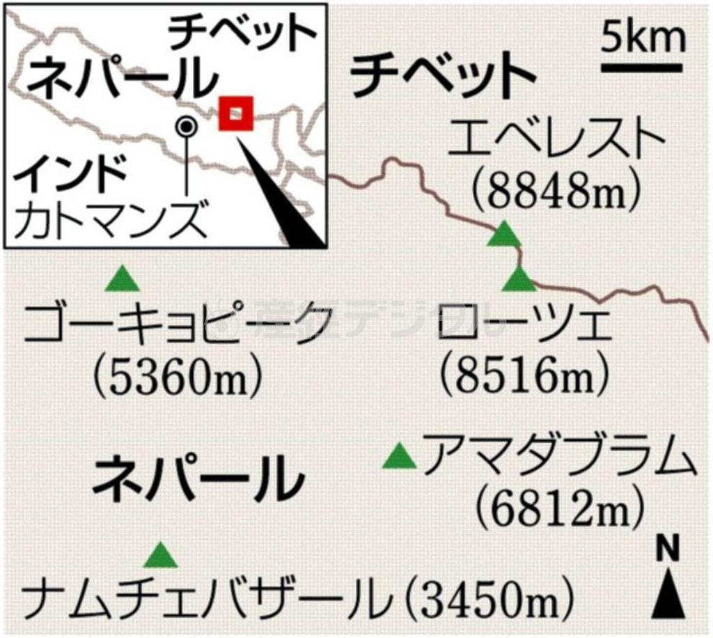エベレスト（標高８８４８ｍ）、ローツェ（標高８５１６ｍ）、アマダブラム（標高６８１２ｍ）、ゴーキョピーク（５３６０ｍ）、ナムチェバザール（３４５０ｍ）＝ネパール