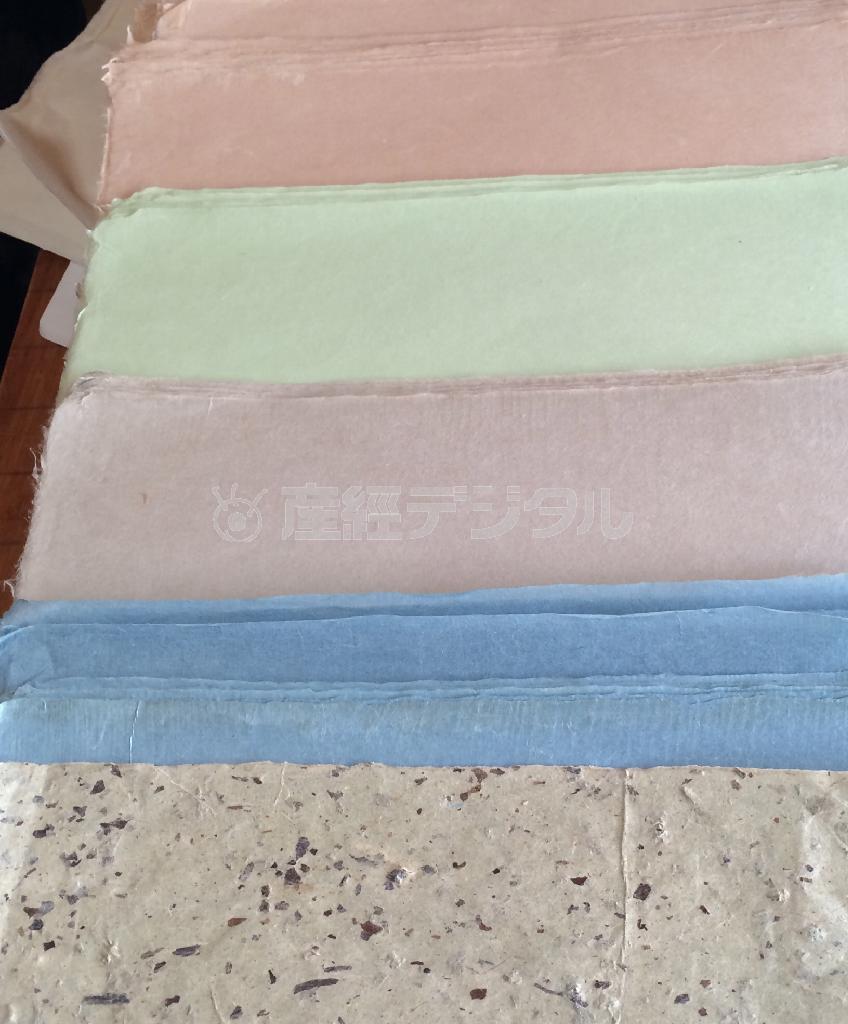 楮に桜・あけび・ねむ・トマト・藍・蓬・榊などの樹皮を炊きだして染色した草木染め和紙＝２０１４年１月２８日（提供写真）