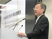 ２０１４年度第１四半期決算について記者会見する、シャープの高橋興三社長＝１日午後、東京都港区