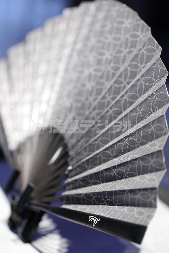 親骨にライカのロゴがあしらわれた「宮脇賣扇庵」の扇子（６０００＋税）＝２０１４年７月２２日、京都市東山区（恵守乾撮影）