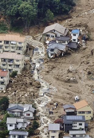 山から崩れた土砂にのみ込まれた広島市安佐南区の住宅地＝２０日午後１時３分、広島市安佐南区で共同通信社ヘリから