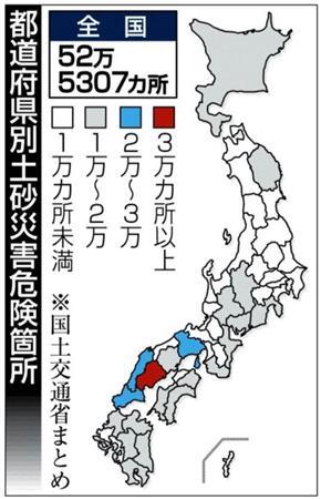 都道府県別土砂災害危険箇所＝２０１４年８月２１日現在、※国土交通省まとめ