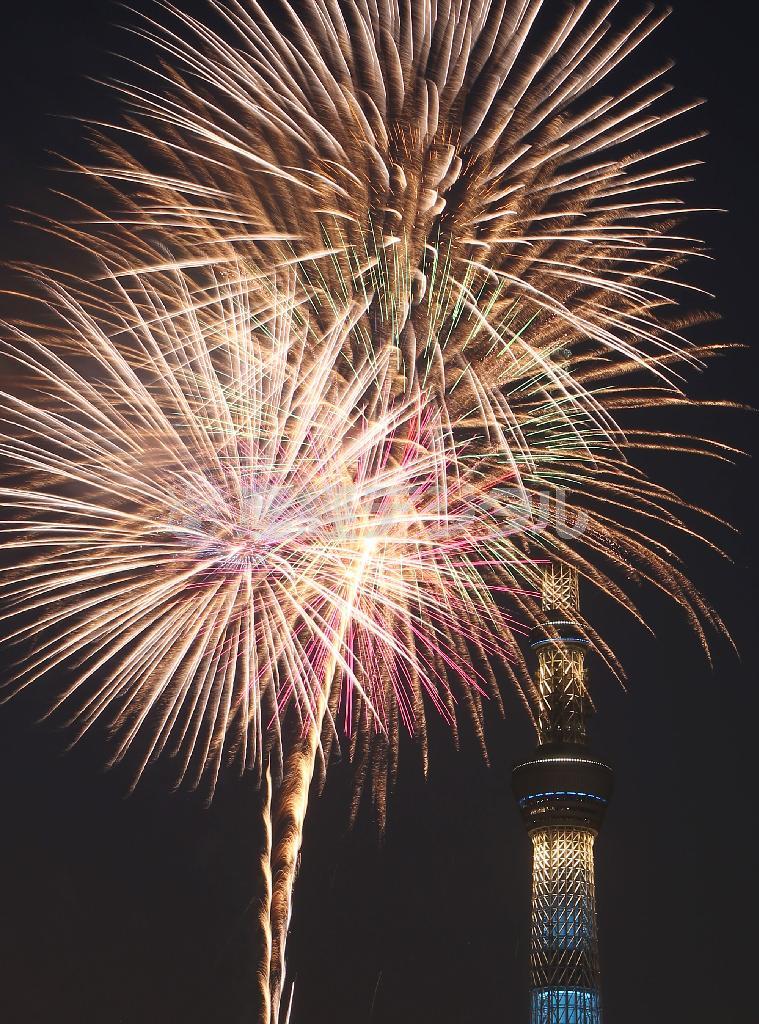 隅田川花火大会で打ち上げられた花火。右は東京スカイツリー＝２０１４年７月２６日、東京都台東区（大里直也撮影）