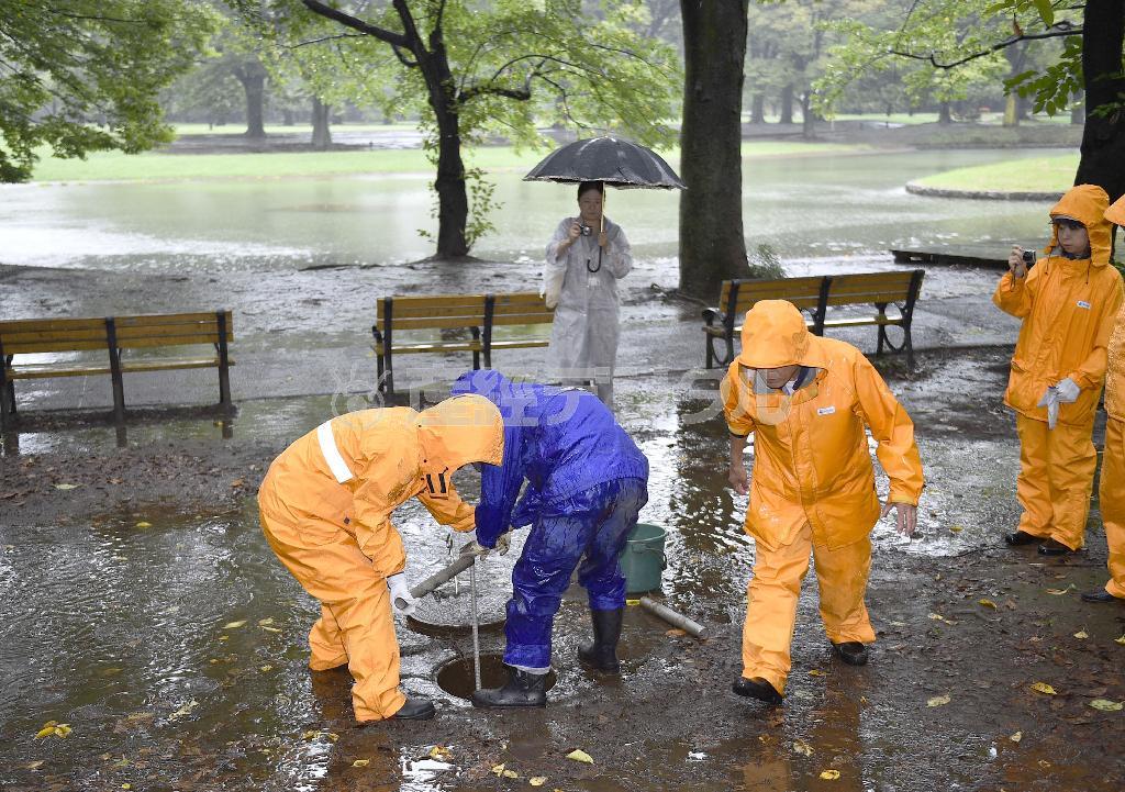 デング熱の対策で蚊の発生を防ぐために行われた噴水池の水抜き作業＝２０１４年９月１日午後、東京都渋谷区・代々木公園（共同）