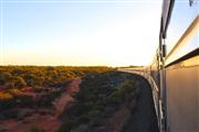 夕陽を浴びて赤い大地を駆け抜けるインディアン・パシフィック号。線路はほぼ直線なので、車両を撮影するのはけっこうたいへん