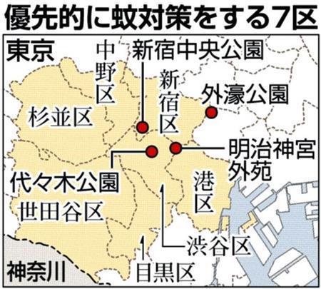 【デング熱】優先的に蚊対策をする７区＝２０１４年９月６日現在、東京都