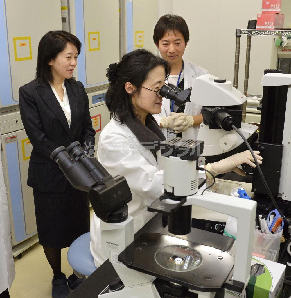幹細胞培養室での実験を視察する理化学研究所発生・再生科学総合研究センターの高橋政代プロジェクトリーダー（左）＝２０１３年２月、兵庫県神戸市中央区（共同）