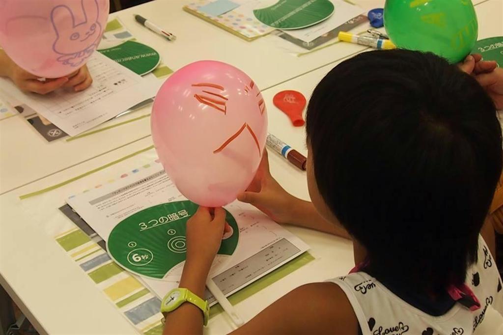 怒りの制御がテーマの親子教室では、怒った顔を風船に描いて可視化する＝東京都港区（菅野昭子さん提供）