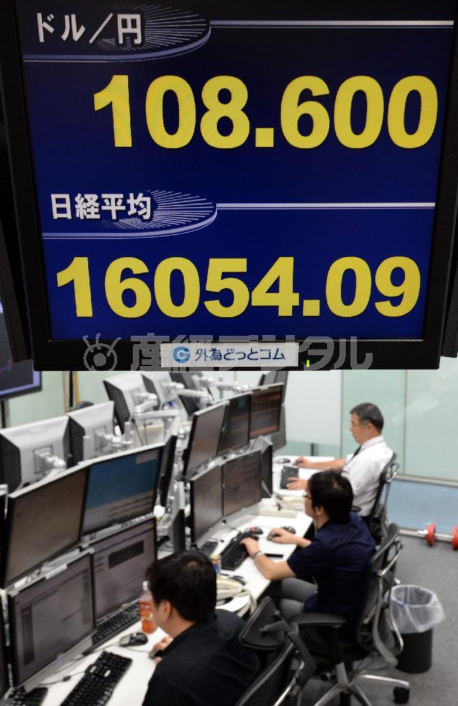 円相場が１ドル＝１０８円台後半と６年ぶりの円安水準となる一方、日経平均株価が１万６０００円台と約８カ月ぶりの高値になったことを示すモニター＝２０１４年９月１８日、東京都港区（川口良介撮影）
