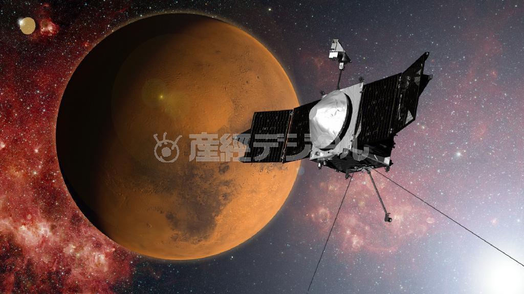 火星に到着した米航空宇宙局（ＮＡＳＡ）の無人探査機「メイブン（ＭＡＶＥＮ）」の想像図（ＮＡＳＡ提供・ＡＰ）