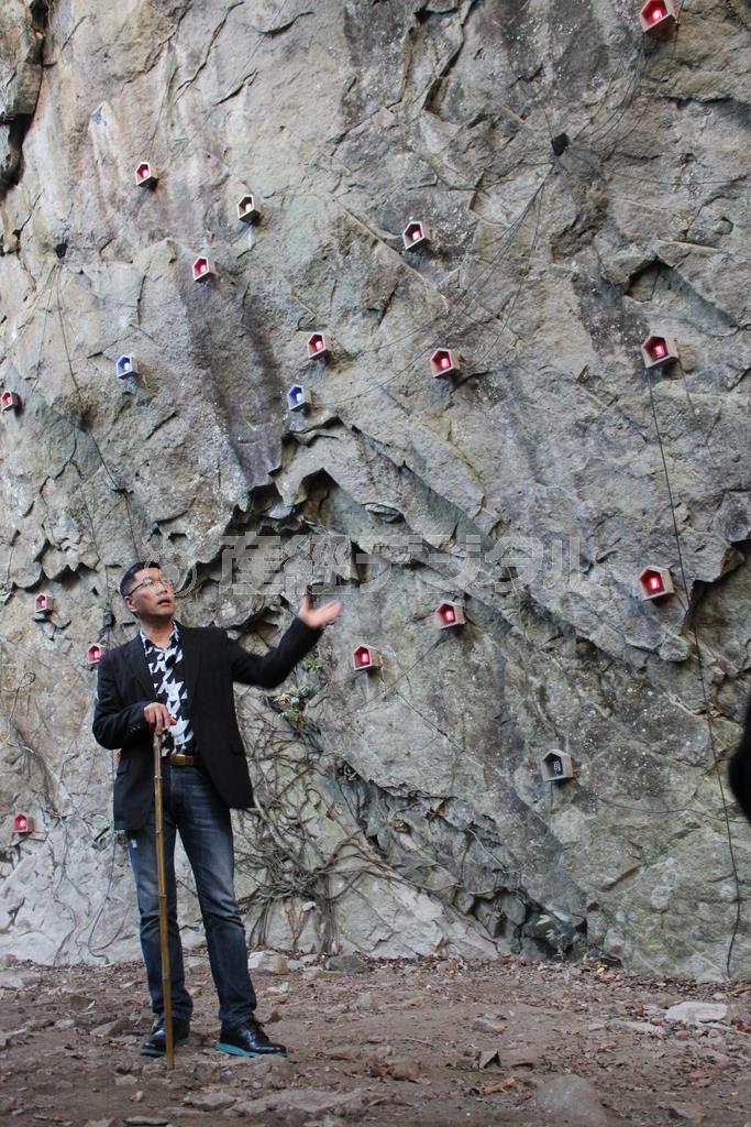 岩陰の前で作品を説明する宮島達男氏。岩場に点々と光る「数字」が浮かび上がってくる＝２０１４年１０月３日、大分県国東市（日下紗代子撮影）