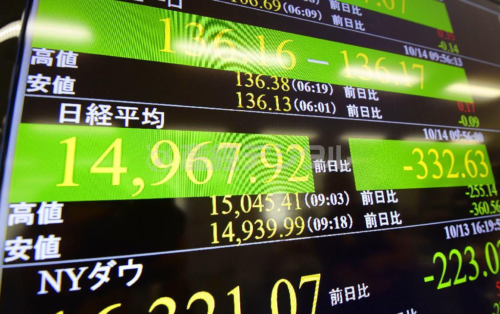 日経平均株価の１万５０００円割れを示すモニター＝２０１４年１０月１４日午前、東京都港区東新橋（共同）