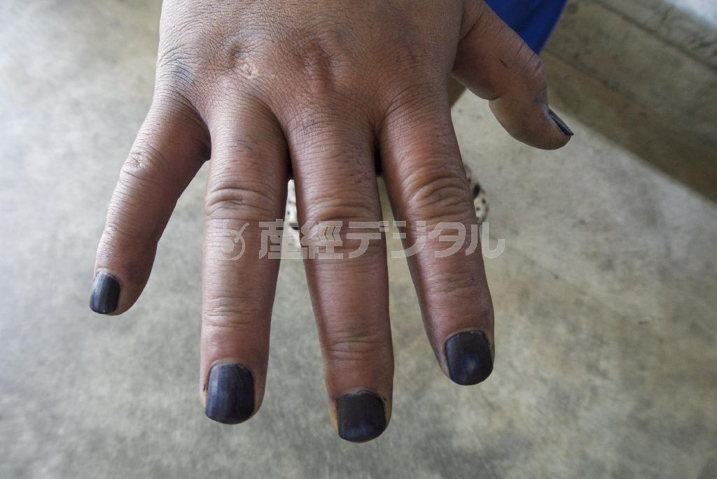 矢野藍游（らんゆう）さんの手。藍染職人ならではの藍に染まったつめが職人の技術を物語っている＝２０１４年９月６日、徳島県板野郡藍住町（提供写真）