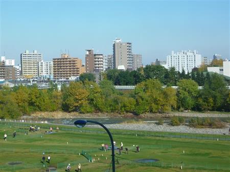 秋の終わりの豊平川とその河川敷。手前の街灯が邪魔…＝２０１４年１０月１９日、北海道札幌市（乾ルカさん撮影）