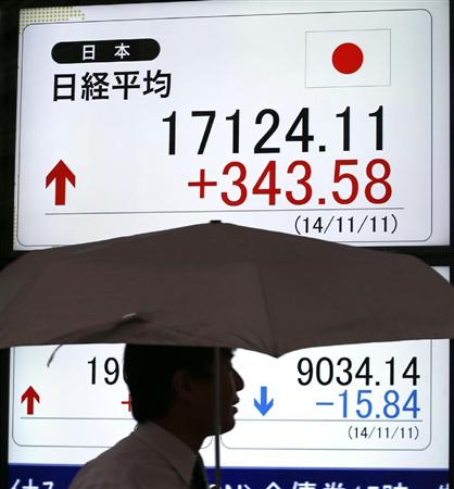 終値で１万７１２４円１１銭をつけた日経平均株価を示すモニター＝１１日午後、東京都中央区