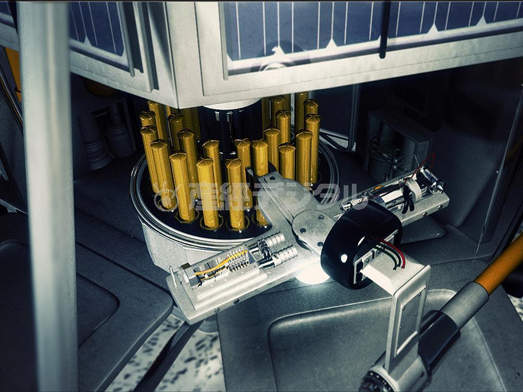 （１）ロボット探査機が月に接近し、（２）月の南極に着陸した後、（３）資金提供者の“タイムカプセル”をつかみ上げ（写真）、（４）地下１００メートルに埋める様子－を描いた想像図（ルナ・ミッション・ワン提供）