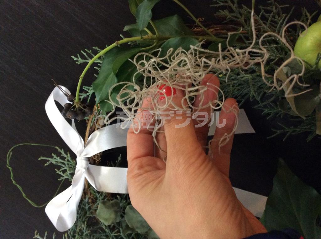 （手順４）リース中央上部に白サテンのリボンを結び、仕上げにチランジミアをあしらって出来上がり！（花千代さん提供）