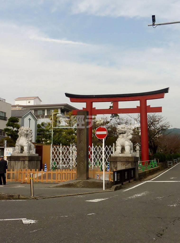 大きなこま犬に守られた二の鳥居の前にも工事用の柵が設けられ＝２０１４年１１月９日、神奈川県鎌倉市