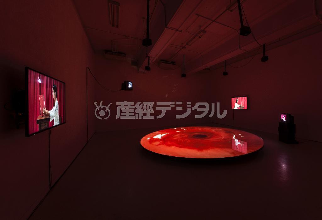 【小谷元彦展】「Ｔｅｒｍｉｎａｌ＿Ｄｏｃｕｍｅｎｔｓ」（ｖｅｒ２．０）２０１１年＿サウンド：高嶋啓さん。心理学者ユング『赤の書』に触発されて、人間が視覚を失うとき最後に見る色が赤であるという仮定に重ねて作られた大型のインスタレーション＝２０１４年１１月２３日（表恒匡さん撮影、提供写真）