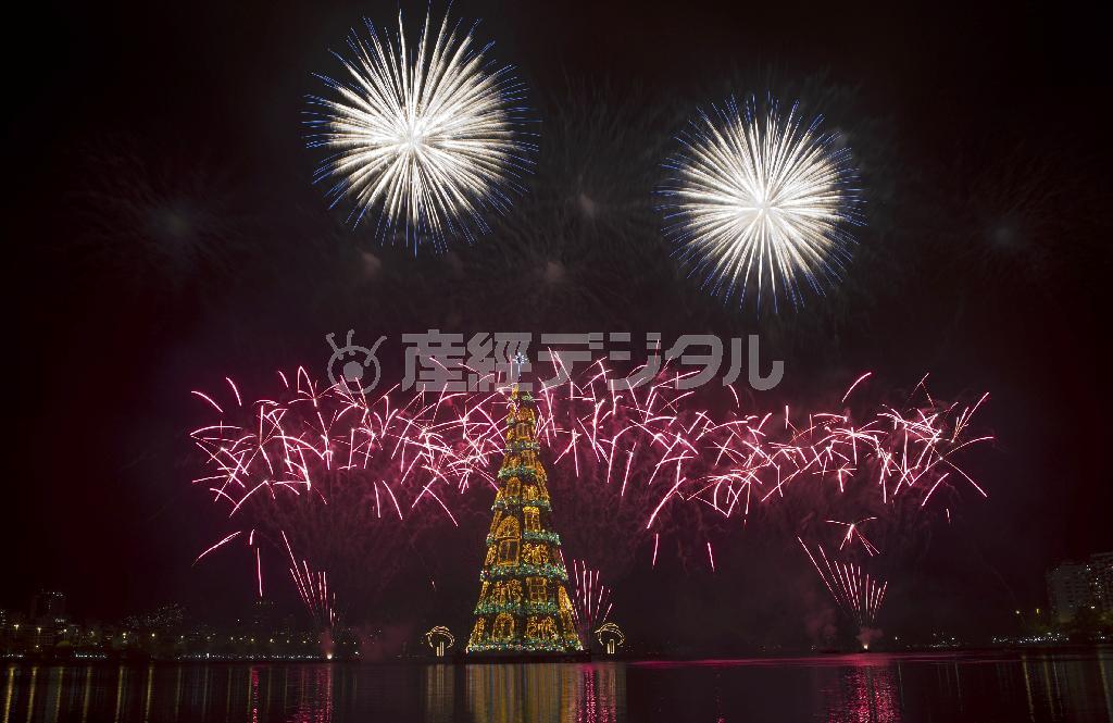 ロドリゴ・デ・フレイタス湖で１１月２９日、水上に浮かぶ世界最大のクリスマスツリーの点灯式が行われた＝２０１４年、ブラジル・リオデジャネイロ（ロイター）