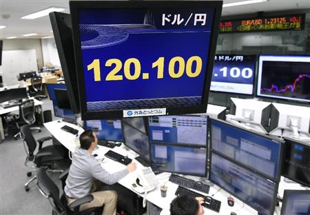 約７年４カ月ぶりに１ドル＝１２０円台をつけた円相場を示すモニター＝４日夜、東京・東新橋の外為どっとコム