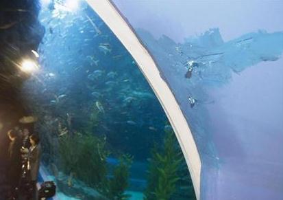 水が漏れた痕跡（右）がある第２ロッテワールドの地下２階にある水族館＝９日、ソウル（聯合＝共同）