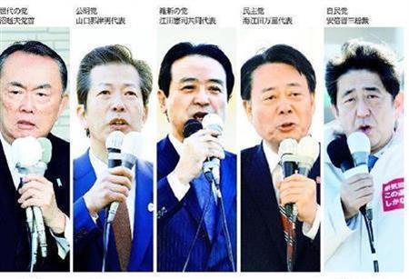 【衆院選公示】（左から）次世代の党の平沼赳夫（たけお）党首、公明党の山口那津男（なつお）代表、維新の党の江田憲司共同代表、民主党の海江田万里（かいえだ・ばんり）代表、自民党の安倍晋三（しんぞう）総裁＝２０１４年１２月２日