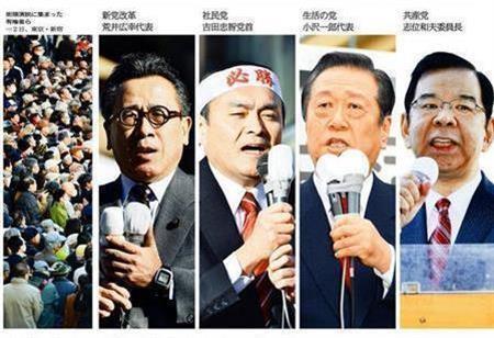 【衆院選公示】（左から）街頭演説に集まった有権者ら、新党改革の荒井広幸代表、社民党の吉田忠智党首、生活の党の小沢一郎代表、共産党の志位（しい）和夫委員長＝２０１４年１２月２日