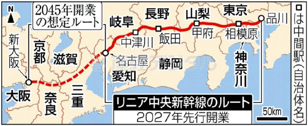 リニア中央新幹線のルート＜２０２７年先行開業、２０４５年開業の想定ルート＞＝２０１４年１２月１７日現在。※□は中間駅（自治体名）