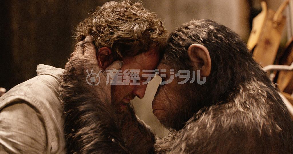 映画「猿の惑星：新世紀（ライジング）」の一場面。人間の科学者に育てられたシーザー（アンディ・サーキス、右）は反乱軍を率いつつも人との間に心を通わす。（Ｃ）２０１４＿Ｔｗｅｎｔｉｅｔｈ＿Ｃｅｎｔｕｒｙ＿Ｆｏｘ