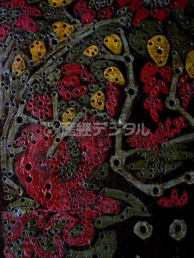 細やかな文様を彫り込んだ版木の裏面に開いた穴は、片面１６００個、両面で３２００個。完成形を見定めながら、栓を開けるところ、閉じるところを決めていく＝２０１４年１０月２２日（井浦新さん撮影）