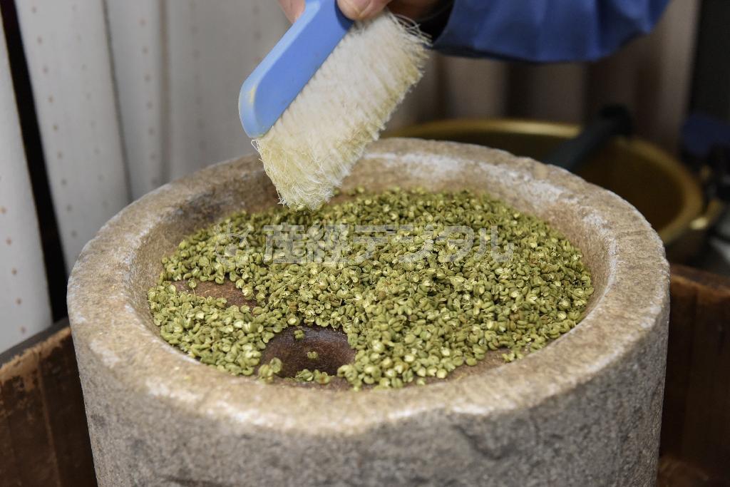 粗すぎず、細かすぎず。山椒（さんしょう）の量や石臼を回す速さで絶妙なバランスに調整する＝２０１４年２月１１日、和歌山県海南市（塩塚夢撮影）