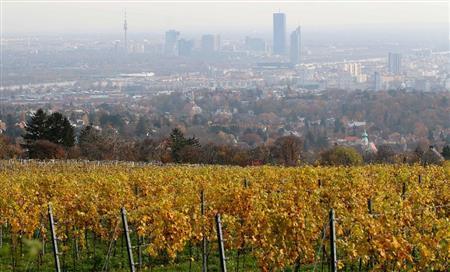 ウィーン切っての景勝地、カーレンベルクからブドウ畑をはさんで市街を一望する。ウィーンはワインの都でもある＝２０１４年１１月１１日、オーストリア・首都ウィーン（ＡＰ）