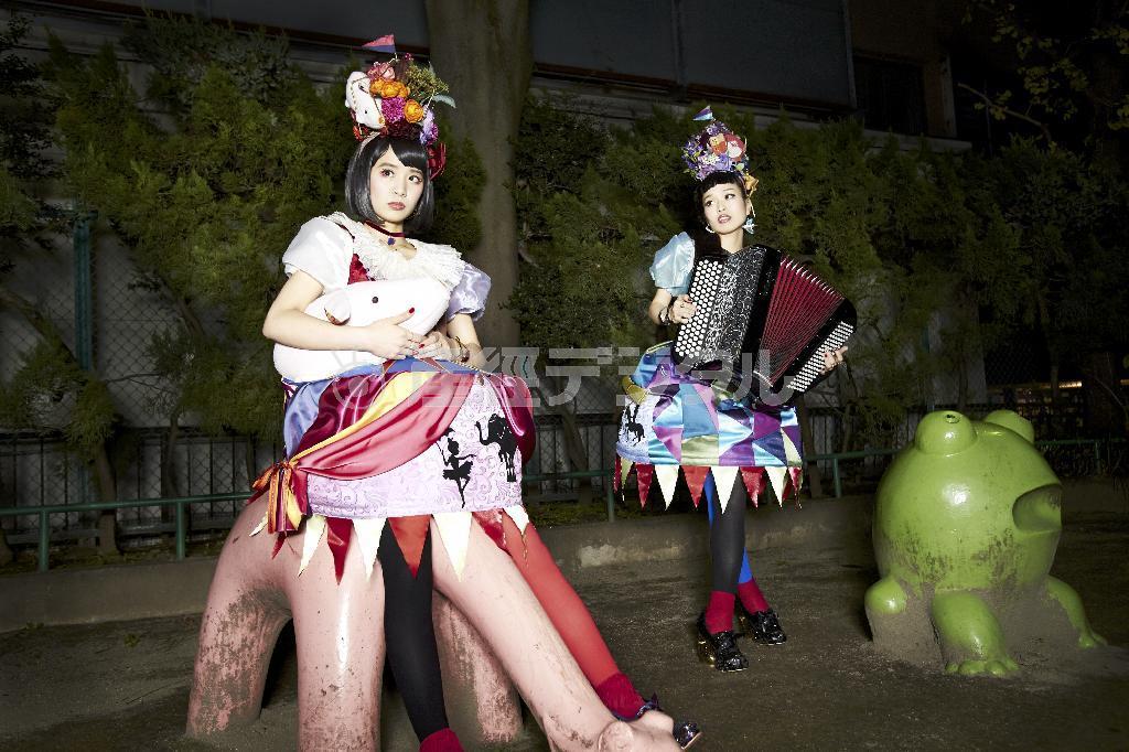 夜中の公園で撮影に応じる小春（右）ともも（左）。外気の冷え込みが厳しい中、２人は自分たちで構図を提案するなど楽しい雰囲気で撮影が進んだ＝２０１４年１２月１２日、東京港区北青山（岡崎健志さん撮影）