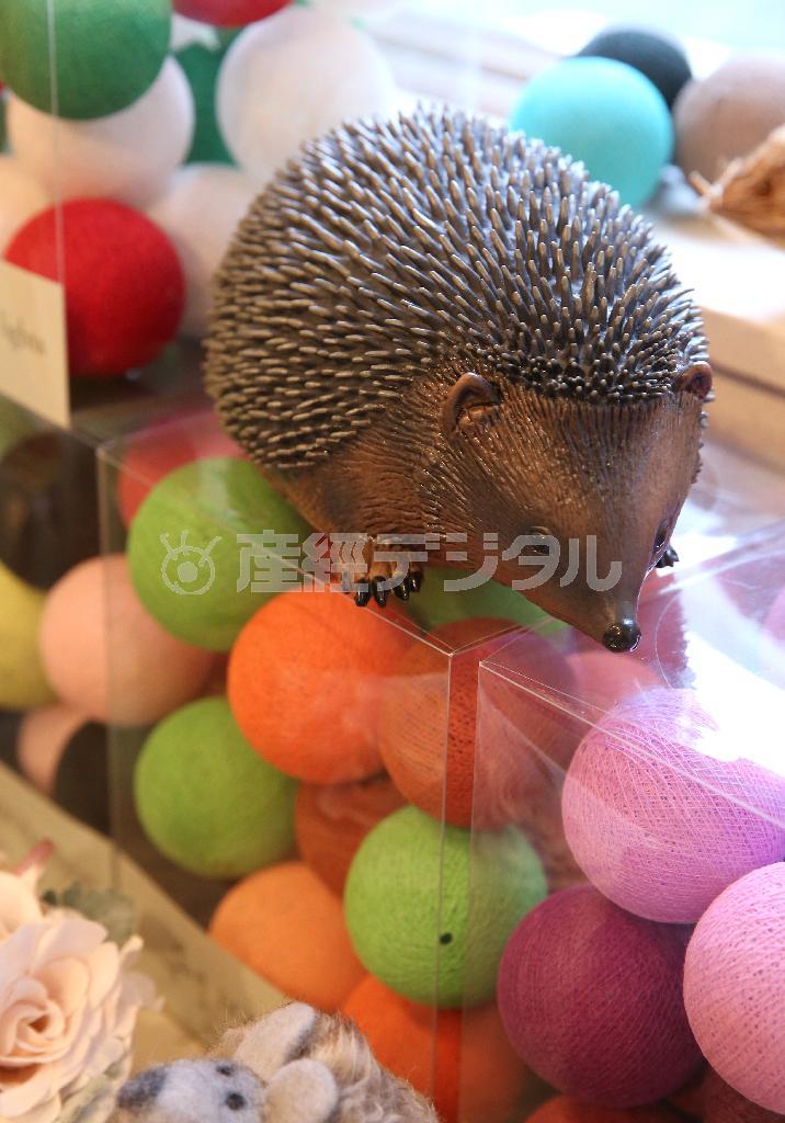 店のイメージキャラクターであるハリネズミの置物。ハリネズミはヨーロッパでは幸運を運ぶ動物としても人気で、ショップ内にはそこかしこに置かれている＝２０１４年１２月１６日、大阪市西区（寺口純平撮影）