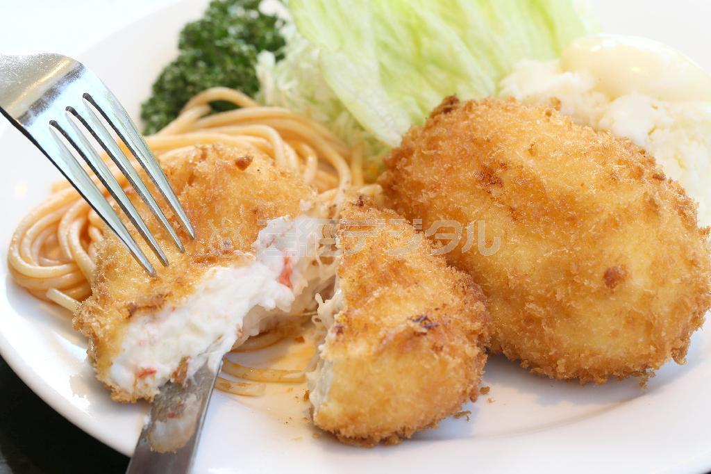 ベシャメルソースの軽い味わいとズワイガニの身がたっぷり入ったカニクリームコロッケ（２１００円）。繊細なソースの味を壊さないためにお好みで少量の塩を振りかけていただく＝２０１４年１２月２２日、京都市左京区（志儀駒貴撮影）