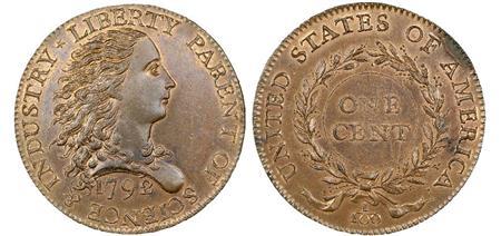 １７９２年に試作された「バーチ・セント」と呼ばれる米１セント硬貨（ＡＰ）