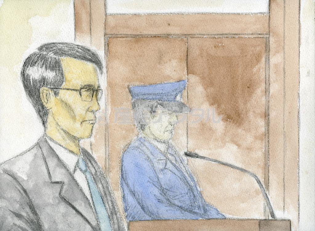 地下鉄サリン事件の裁判員裁判初公判に臨み、証言台の前に座る元オウム真理教信者の高橋克也被告＝２０１５年１月１６日、東京地裁（イラスト・井田智康）