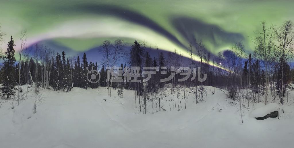組み合わせたカメラ３台によりＶＲ３６０（全方位）でパノラマ撮影。オーロラと周りの環境全てが一度に撮影出来る最も適した手法だと思っている＝２０１３年３月、カナダ・イエローナイフのイングラハムトレイル沿い（田中雅美さん撮影）