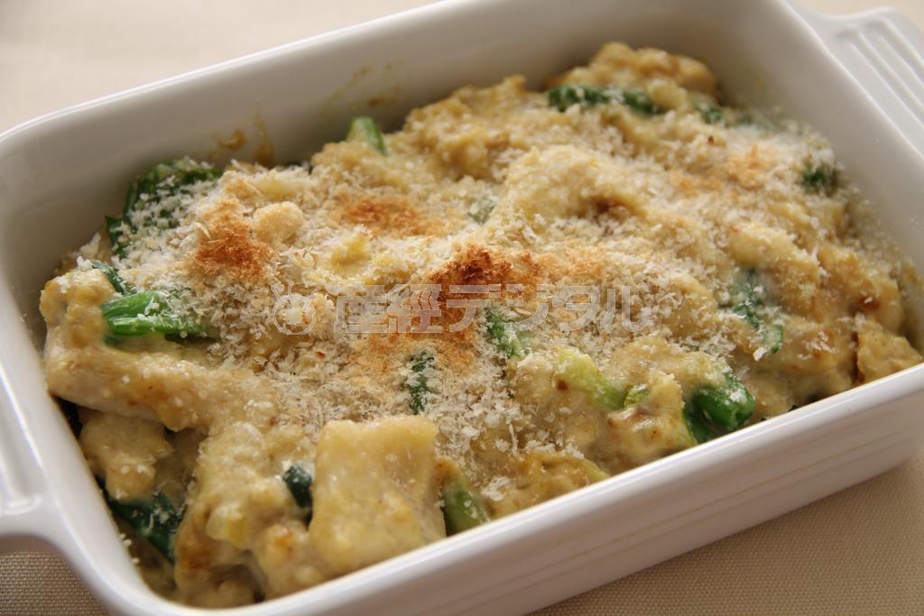 鶏肉とひよこ豆のカレー風味グラタン。※３５８ｋｃａｌ、塩分１．６グラム（１人分）