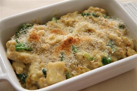 鶏肉とひよこ豆のカレー風味グラタン。※３５８ｋｃａｌ、塩分１．６グラム（１人分）