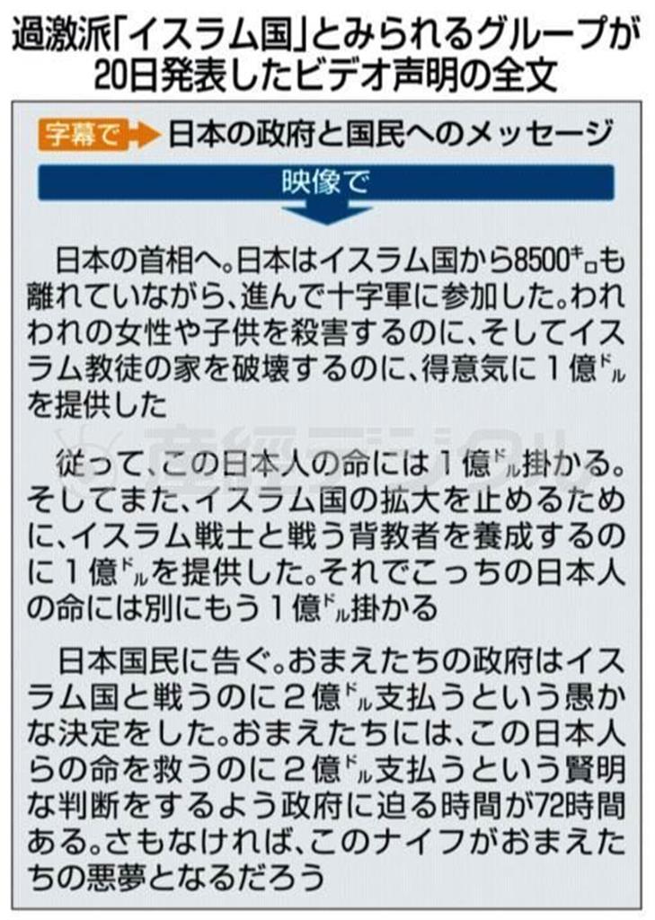 過激派「イスラム国」とみられるグループが１月２０日発表したビデオ声明の全文＝２０１５年