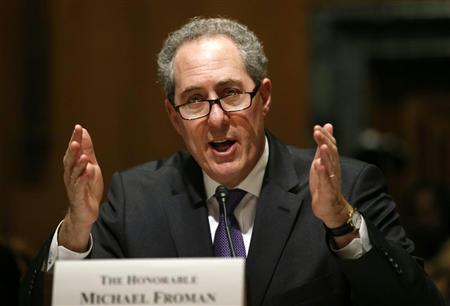 米上院の公聴会で証言するフロマン米通商代表＝２７日、米ワシントン（共同）